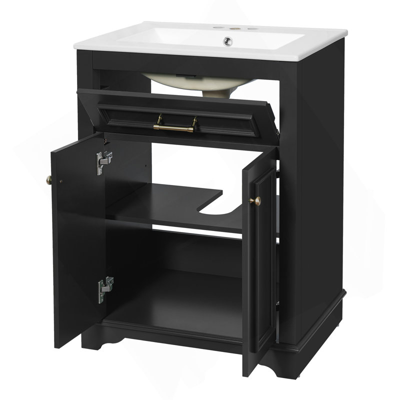 Meuble-lavabo 24 po avec lavabo en céramique intégré, armoire de salle de bain avec 2 portes, 1 tiroir basculant, meuble-lavabo simple pour petite et moyenne salle de bain, noir