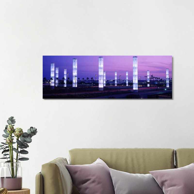 Light Sculptures Lit Up at Night, LAX Airport, Los Angeles, California, USA 1 Piece Wrapped Canvas Panoramic Wall Art
