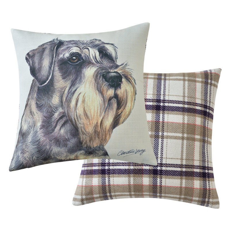 Schnauzer Dog Seat Cushion Watercolour And Check Print. 43 X 43Cm