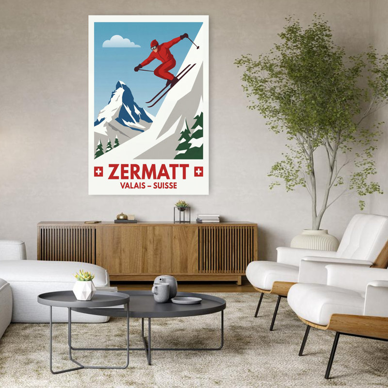 Zermatt, skieur, Matterhorn, Alpes, rétro, rétro, montagne, hiver, art mural, H 48 po x l 32 po