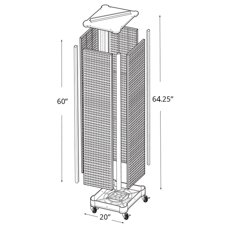 Présentoir de plancher à quatre côtés en équerre sur base à roulettes. Taille du panneau: l 16 po x H 64,25 po