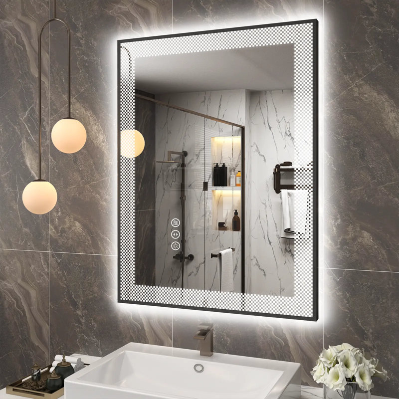 Aevar Checkerboard Framed Super Bright Front & Back LED Lighted Anti-Fog Tempered Glass Bathroom/Vanity Mirror with ETL & 3-Year Warranty