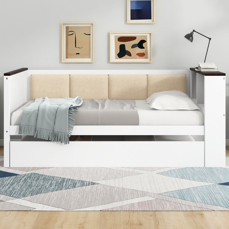 Wood Daybed With Storage Shelves, Upholstered Backrest,USB And Trundle, White, Twin