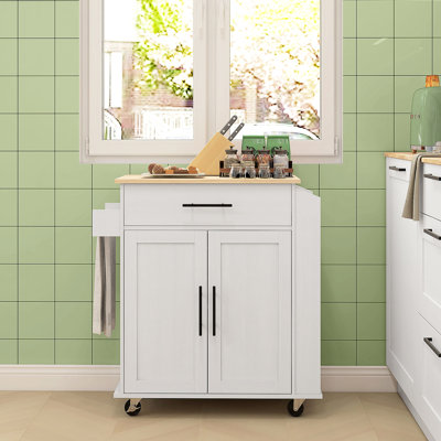 Chariot roulant blanc avec options de rangement et électriques, prises de courant, ports, tiroir, tablette réglable pour armoire, porte-serviettes, support pour épices, îlot de cuisine mobile
