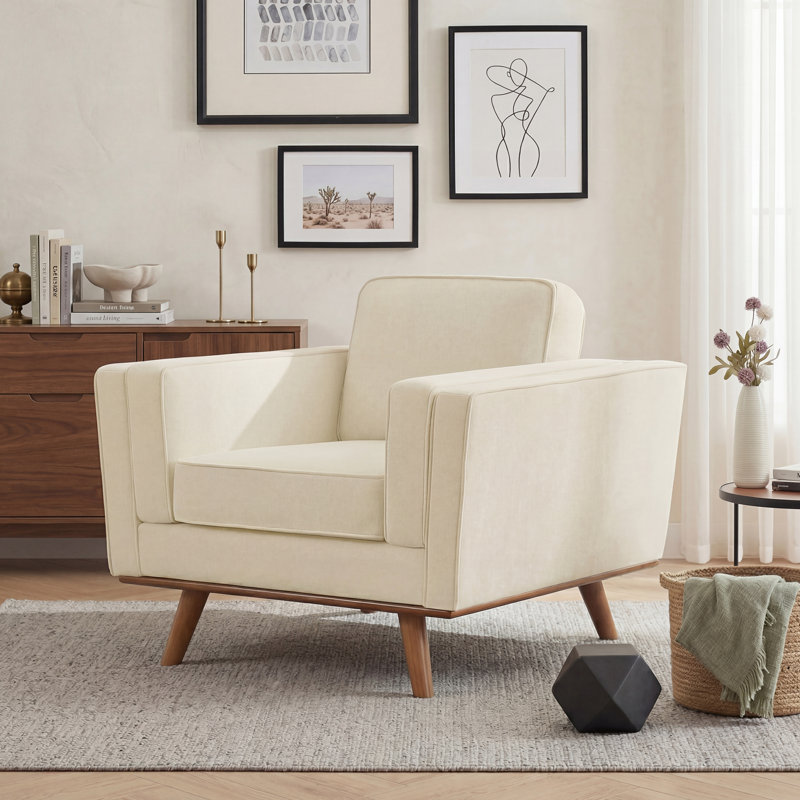 Chenille Armchair With Solid Wood Legs, Beige