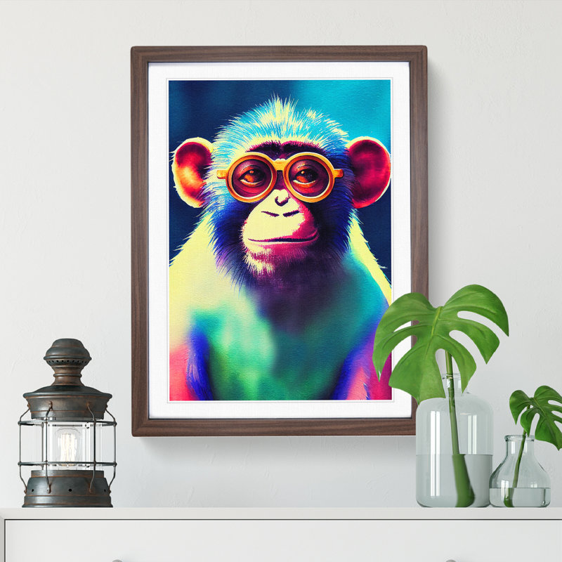 Neon Monkey No.4 - Wall Art, 34cm H x 25cm W x 2cm D, Walnut Framed