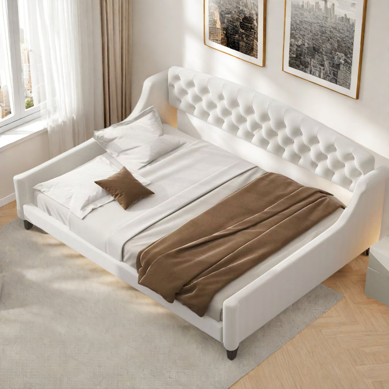 Lit de jour moderne avec bouton capitonné et pieds solides, Beige