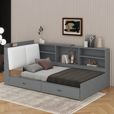 Lit plateforme en bois avec tête de lit, tablettes et tiroirs