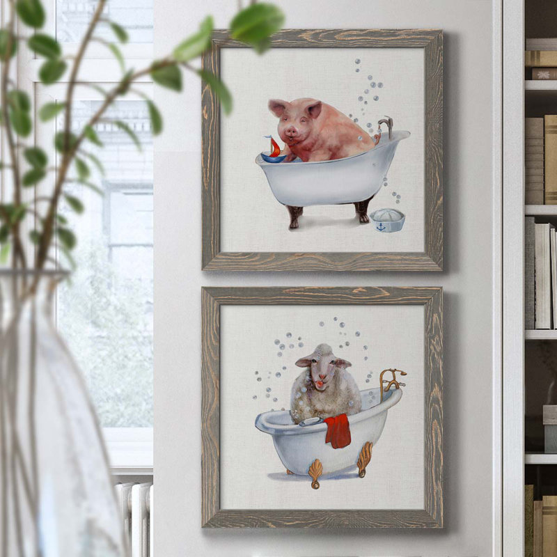 «Farm Tub Pig», ensemble de 2 peintures sur toile encadrées, H 17 po x l 34 po x P 1,5 po, Encadré gris