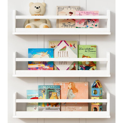 Bibliothèque blanche 24 po pour la chambre, étagères à livres flottantes fixées au mur avec rebord et tringle pour la chambre à coucher, grandes étagères suspendues d'angle - ensemble de 3