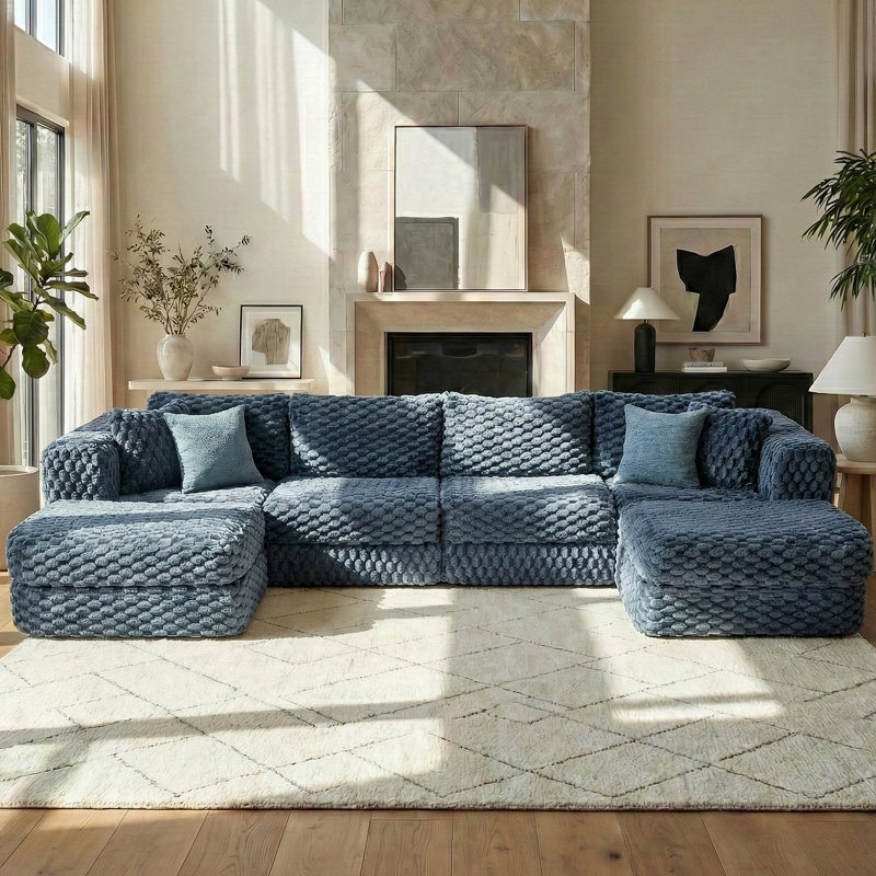 Canapé modulaire en forme de U de 135,4 po avec 2 repose-pieds mobiles pour le salon, Bleu