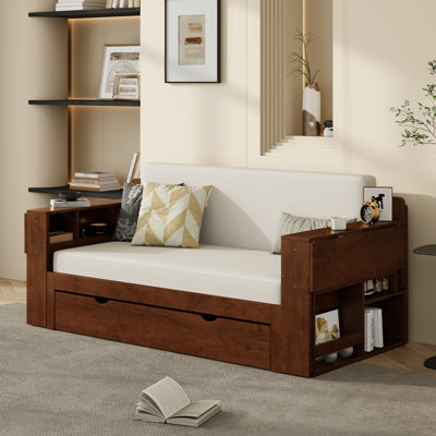 Lit de jour double avec bureau amovible, tiroirs de rangement et table d'appoint hydraulique