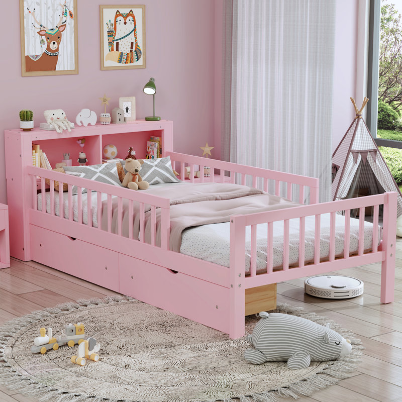 Cadre de lit simple avec tête de lit avec support de rangement, deux tiroirs sous le lit, garde-corps à trois côtés pour la sûreté et la sécurité, rose