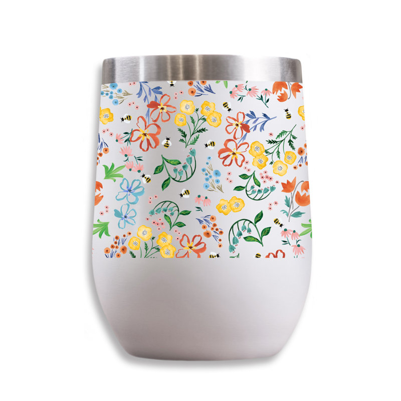 11 oz. Whimsy Bee and Floral Motif Verre à vin, Jaune/blanc