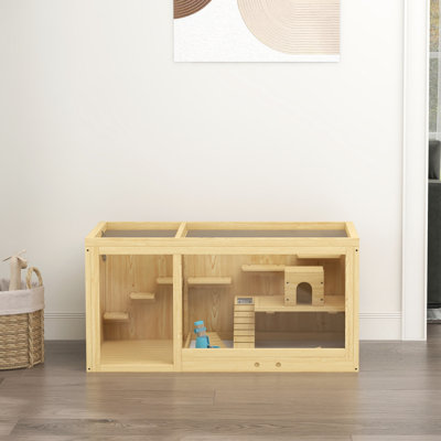 Très grand terrier de hamster - en bois, multicouche, avec balançoires à bascule, bouteille d'eau, plateau coulissant, plateau ouvert pour hamsters nains et cage en bois