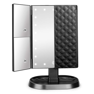 Trifold Lighted Vanity Mirror With 21 Leds, 1X/2X/3X Magnification, Touch Dimming & Storage Base