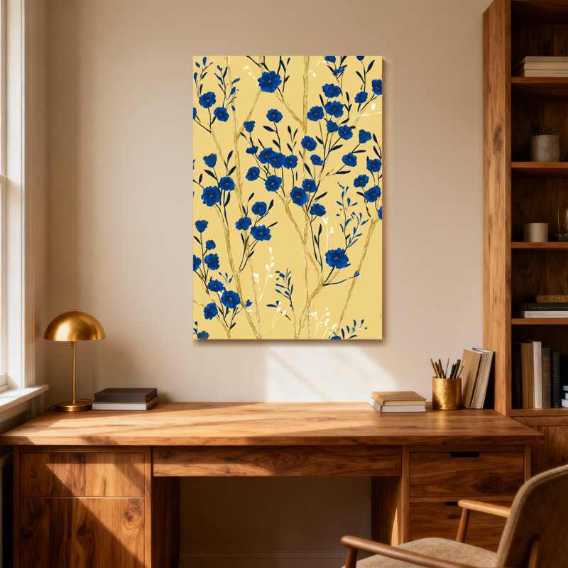 Plantes et fleurs Fleurs bleues sur fond jaune avec des accents dorés, H 16 po x l 24 po