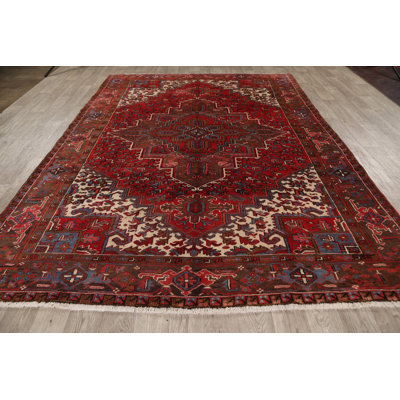 Tapis décoratif en laine noué à la main de conception unique Heriz rouge 7 pi 8 po x 10 pi 8 po