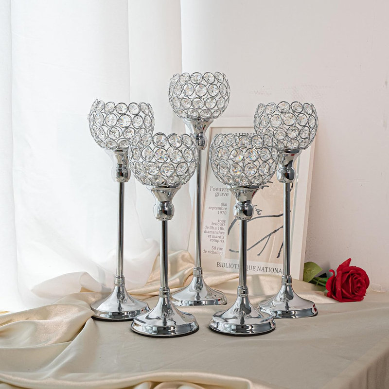 5Pcs Silvery Crystal Candle Holder,Tea Light Candlestick Holders For Wedding Home Party Table Decoration Centerpiece, Silvery