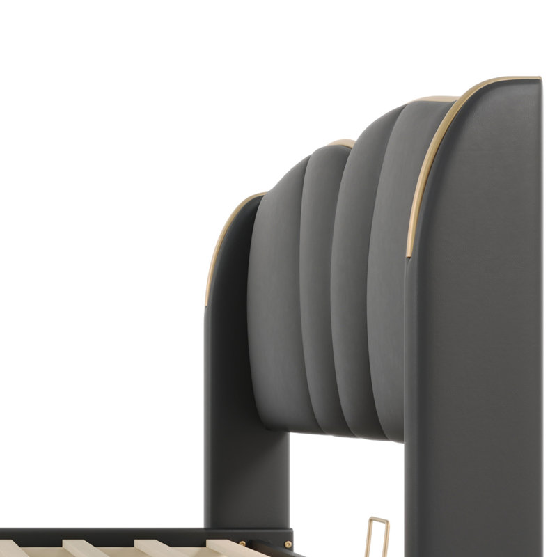 Cadre de lit tapissier grand en cuir, cadre de lit moderne avec tête de lit à oreilles, lit plateforme tapissier avec pied de lit ondulé, sans sommier, noir