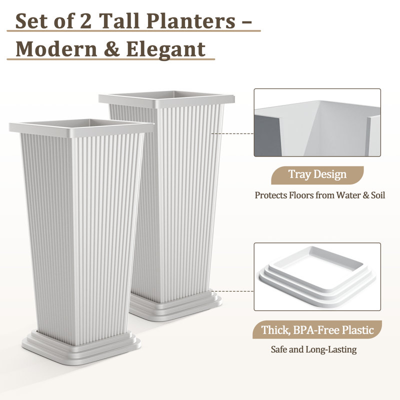 Large Tall Planter with Drainage Holes (Set of 2) for Indoor/Outdoor Use, White