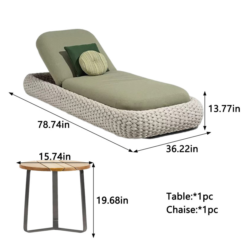 Outdoor Lounger With Aluminum Frame Handwoven Outdoor Chaise Lounge Set with Table , Cushion Included, Beige, Green