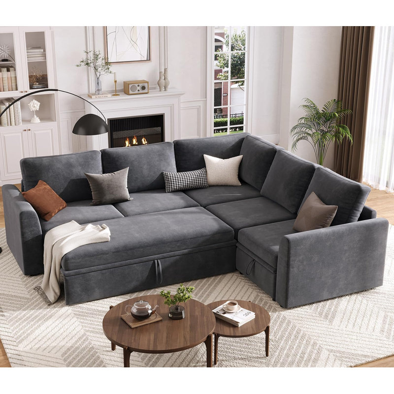 Sectional Sleeper Sofa with Pull Out Bed, Chenille Modular U-Shaped Couch with Storage & Ottoman