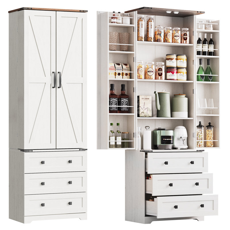 Armoire de cuisine 72 "avec portes de grange et 3 tiroirs avec tablettes réglables, Blanc