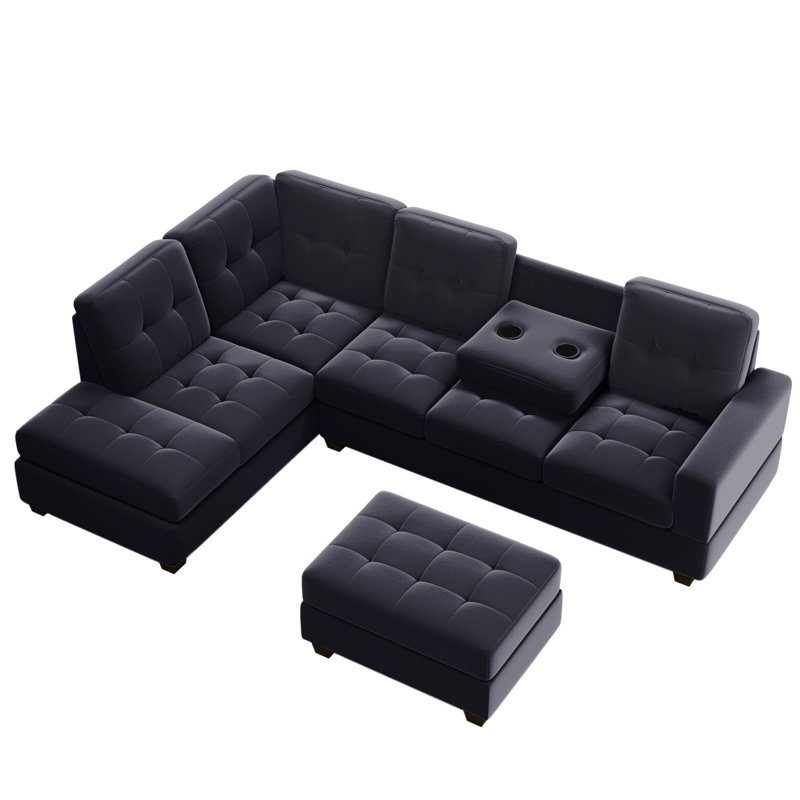 Modern Sectional Sofa With Reversible Chaise, Black Velvet