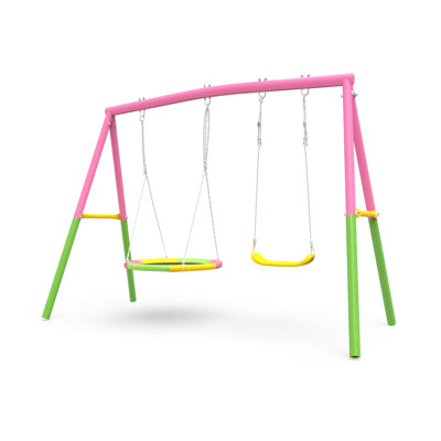 Outdoor Backyard Swing With 330lbs A - Frame Metal Stand, 1 Saucer And Belt Seats, Pink Main Color, 99in Depth, 57in Width, 72in Height, Approved Heavy Duty , Meets Standards