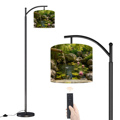 Arc Floor Lamp with Adjustable Lampshade Serene Garden Pond Standing Lamp 3 Color Temperatures Dimmable Tall Pole Lamp with Foot Switch for Bedroom