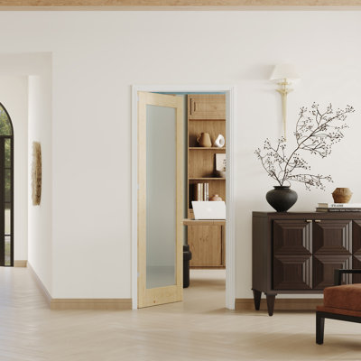 Dalle de porte intérieure en verre givré 1 Lite - Cadre en bois aggloméré / pin avec cadre réglable et charnières pré-suspendues (la porte et le cadre sont livrés séparément)