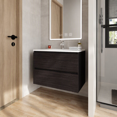 Meuble-lavabo flottant avec deux tiroirs et lavabo Wengue