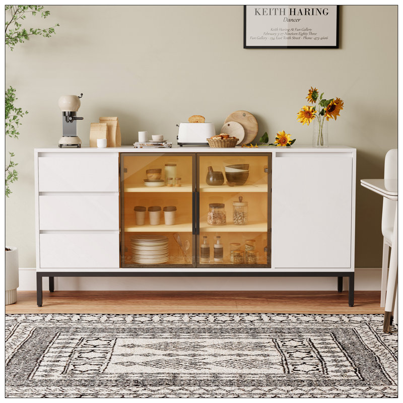Buffet avec rangement, salle de rangement à panneau latéral de cuisine avec portes et 3 tiroirs, support de garde-manger, console, mobilier de table de salle à manger, salon, salle à manger blanche