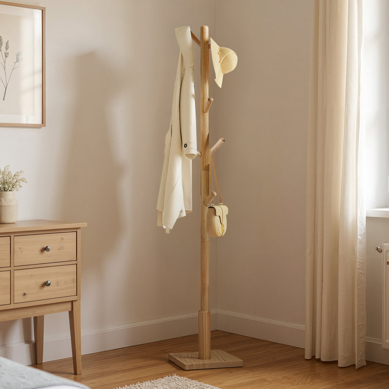 Trikomou Solid Wood 8-Hook Freestanding Coat Rack, Natural Wood