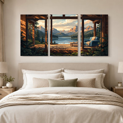 «Mountain Lake View from Wooden Cabin», ensemble de 3 toiles