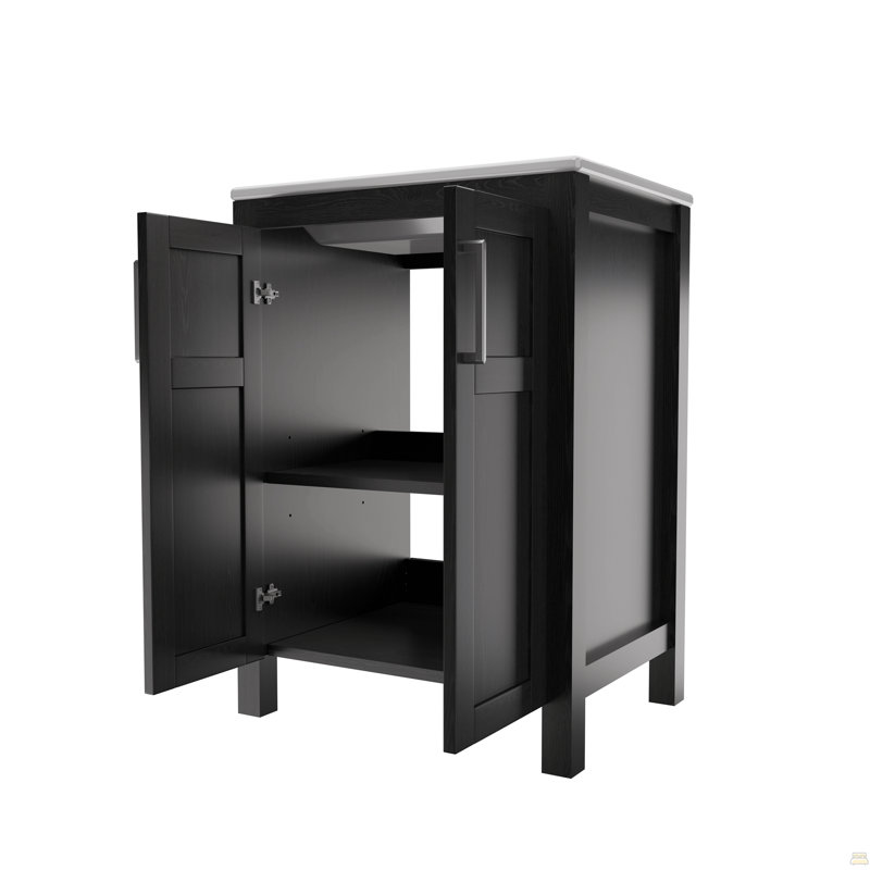 Une armoire de salle de bain noire de 24 pouces, jumelée à un lavabo en céramique blanche, présente un design moderne et est faite de matériaux imperméables et durables.