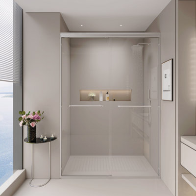Porte de douche à double coulissement de 44 à 48 po x H 72 po - Porte de salle de bain coulissante semi-sans cadre à ouverture coulissante avec verre trempé de 1/4 po (6 mm)