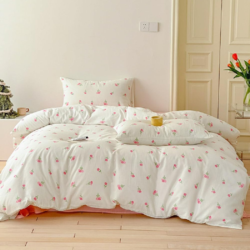 Pink White Floral Comforter Bedding Sets Tulips Pattern, King Comforter