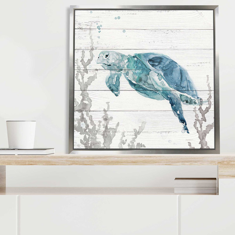 «Aqua Turtle II» par Carol Robinson - Peinture, L 21,5 po x H 21,5 po, Encadrement argenté