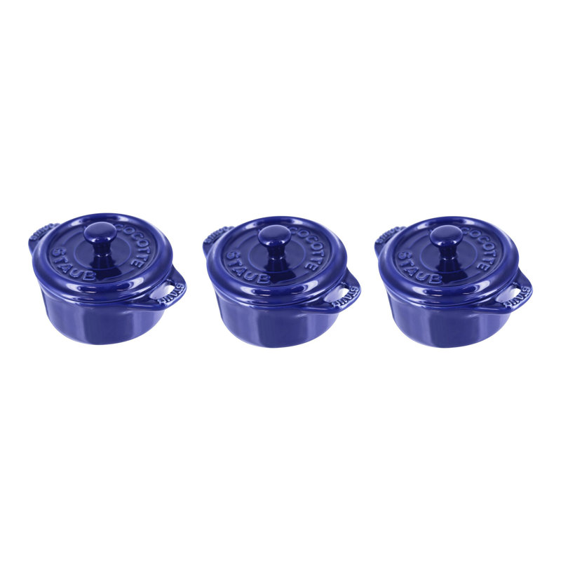 STAUB Ceramic 3-Pc Mini Round Cocotte Set With Tray, Dark Blue
