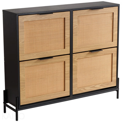 Armoire à chaussures en rotin, rangement pour chaussures étroit avec 4 tiroirs rabattables, armoire de rangement pour chaussures avec pieds en métal, idéale pour le vestibule, placard, couloir, couleur bois clair