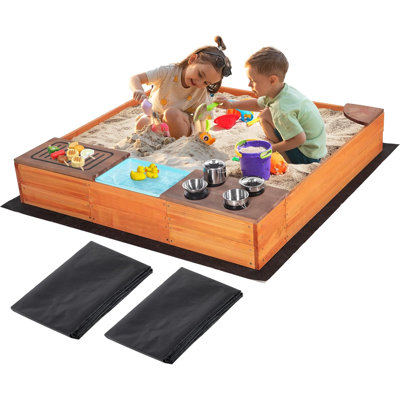 Kids Sandbox With Kitchen Playset, 2 In 1 Wood Sand Pit With Cover & Bottom Liner