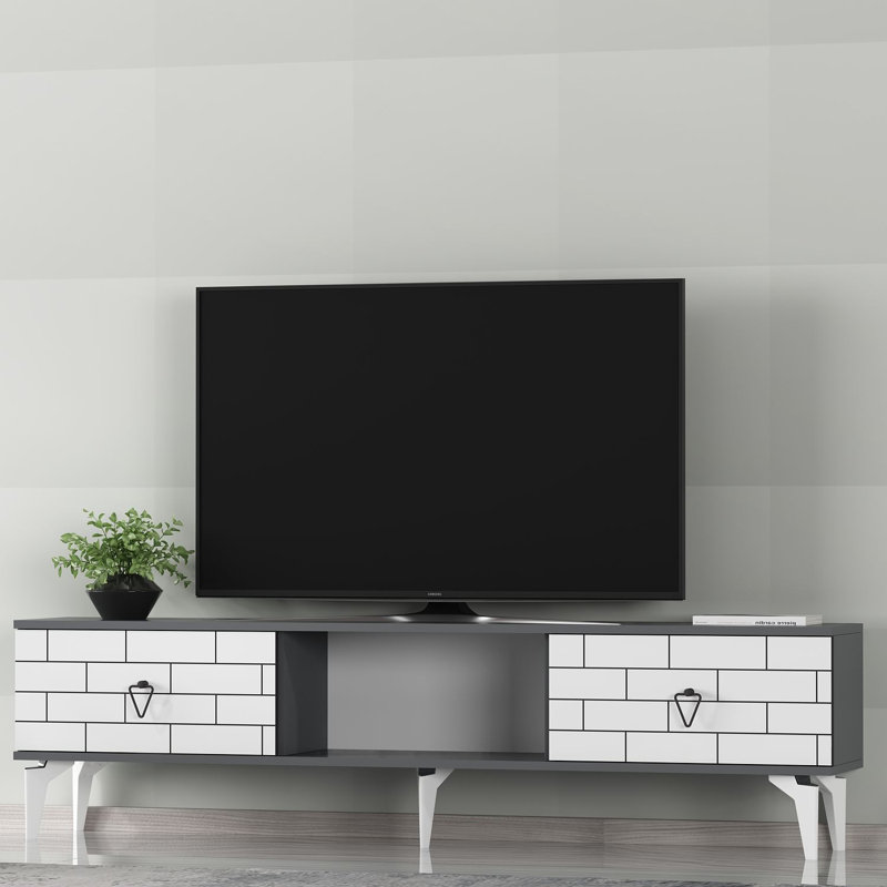 Meuble télé Catena avec option de fixation murale, anthracite et blanc, 59,1 po x 17,6 po x 11,6 po Catena | Panneau de particules 100% enduit de mélamine | Conception géométrique élégante avec plusieurs tablettes pour une organisation élégante du salon