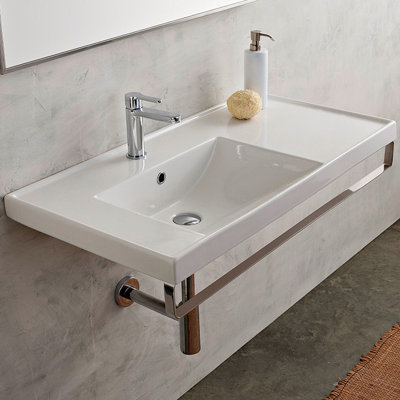 Lavabo de salle de bain mural rectangulaire en céramique chrome / blanc avec trop-plein ML