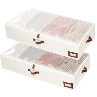 55L Large Durable Fabric Foldable Wardrobe Under Bed Storage Box 2 Pack, Beige