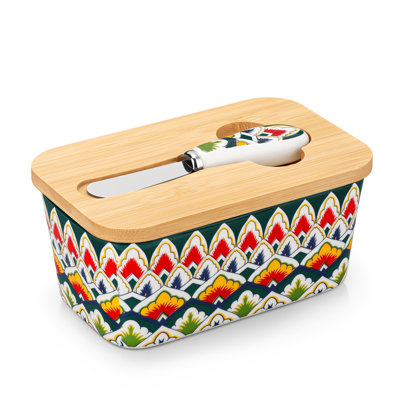 Poreclain Butter Container With Sealed Lid And Butter Knife with Porcelain Handle, Ceramic Stamping In Bohemian Style, Green, Bamboo Lid With Silicon Seal, Keep Butter Fresh, Food Container, 6.5in