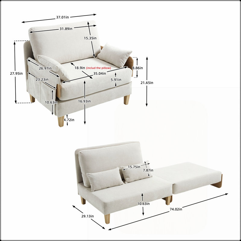 Canapé-lit inclinable pliable, convertible 3 en 1, au design moderne du milieu du siècle, idéal pour les petits espaces, comprend trois oreillers.