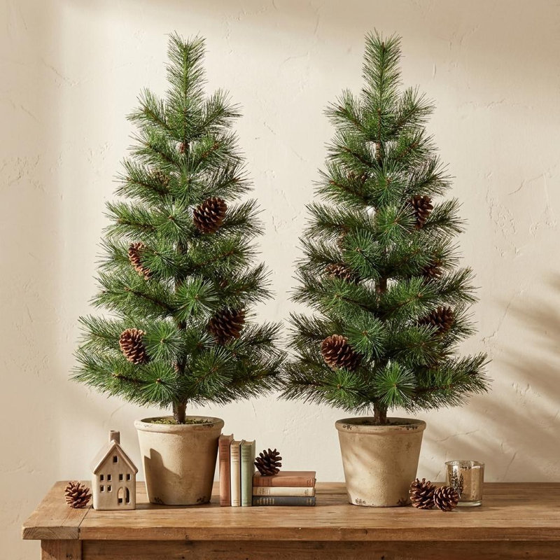 Set of Two 32" Mini Artificial Pine Trees With Pinecones In Rustic Brown Pots