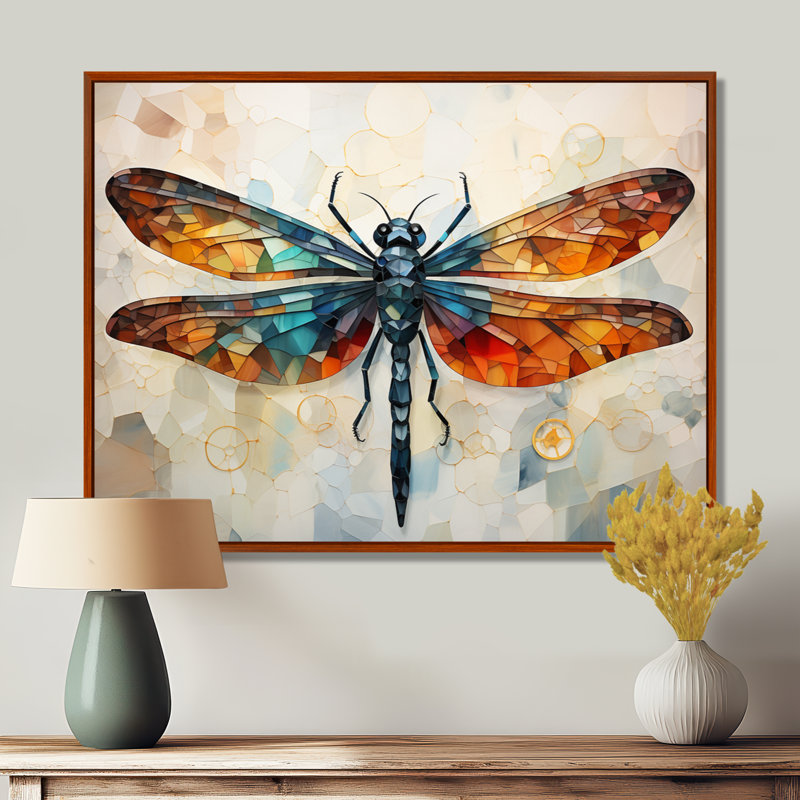 Libellule orange, insectes, vol géométrique I - Libellule, art mural, H 16 po x l 32 po x P 1 po, Cadre flottant brun
